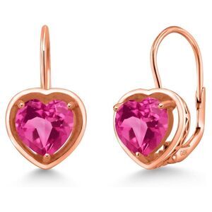 18K Rose Gold 925 with 2.80 Cttw 7MM Pink Sapphire Heart Leverback Drop Earrings